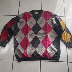 Vintage "Stefanel" Argyle Crewneck Sweater - Pink, Gray, Red, Yellow